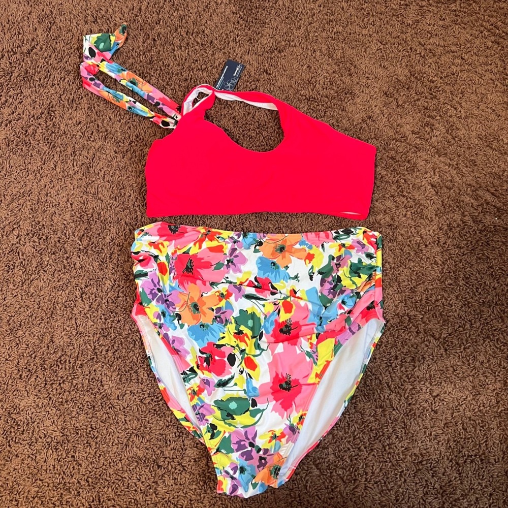 Summer‎ Mae Red Halter Bikini Top High Waist Floral Print Swimsuit Set XL NWT